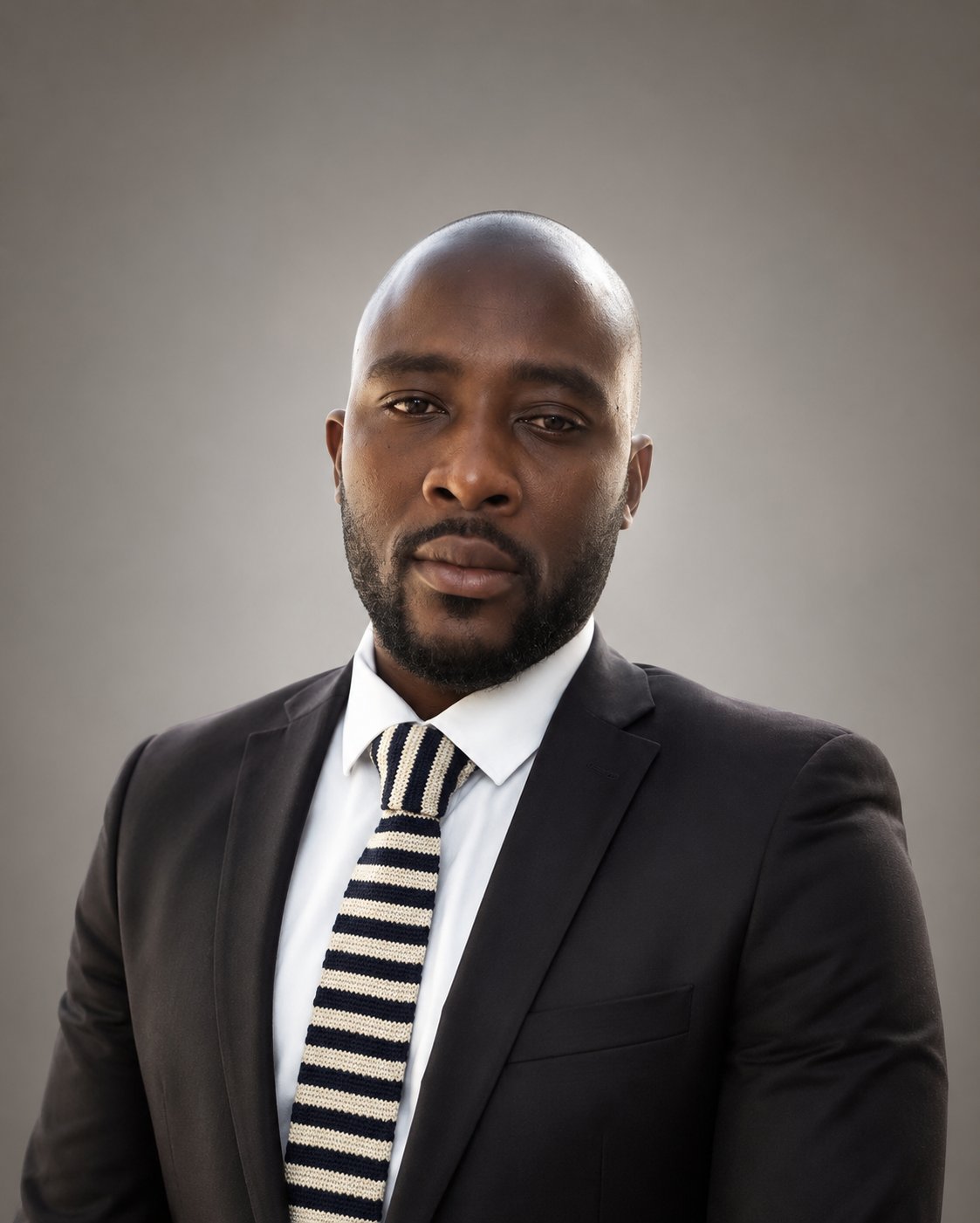Austin Obule Emovworho in a tailored black suit and knit tie, a formal professional portrait